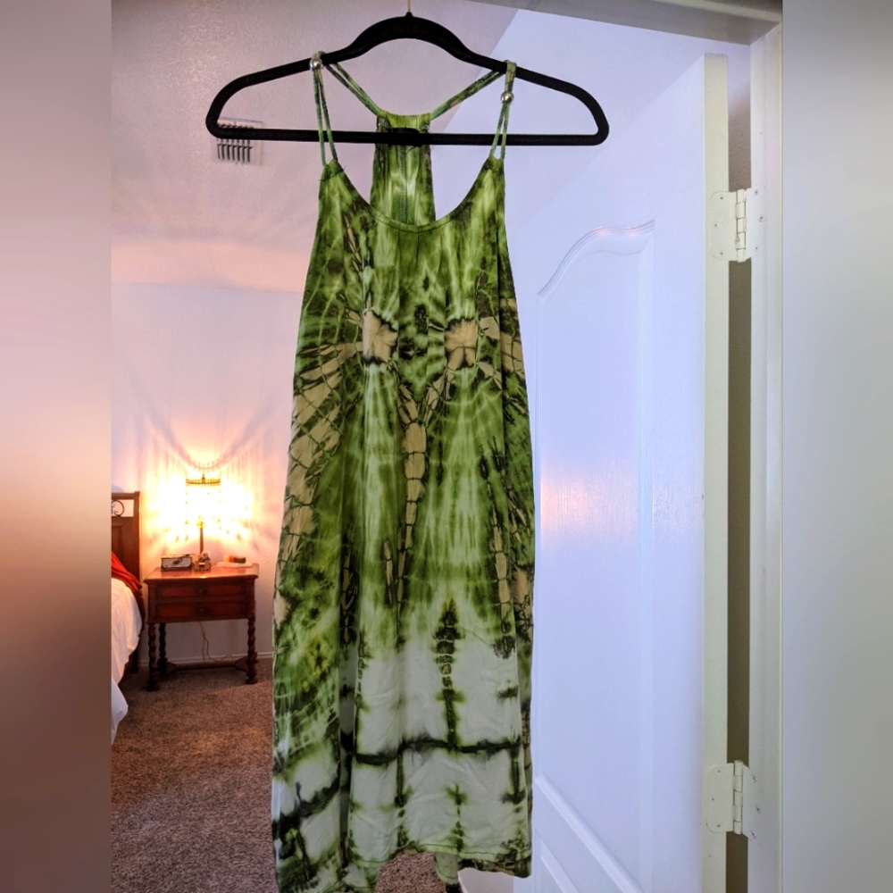Lost In Paradise Green Tie Dyed Sundress Gold Ball Accents